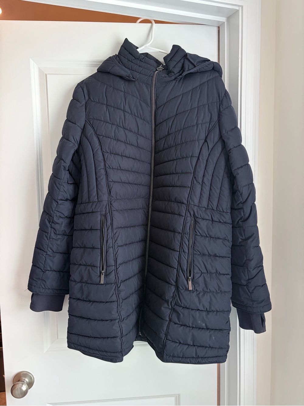 Michael Kors Navy Quilted Hooded Puffer Jacket with zip off hood